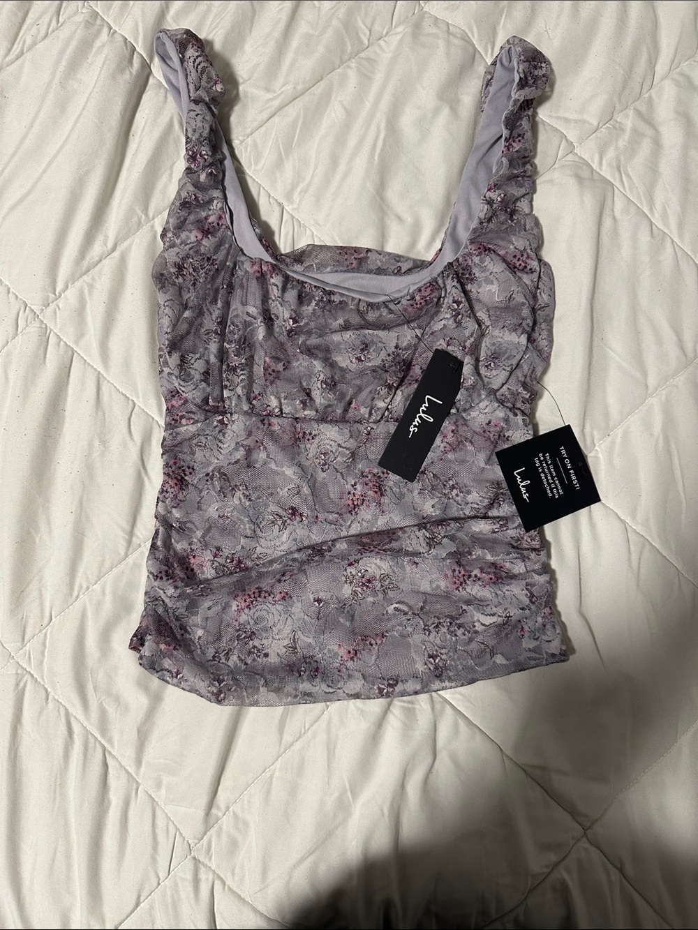 Lulu's Lavender Floral Ruching Square-Neck Cami -NWT
